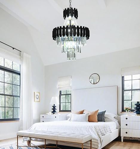 Miniatura 4 de Vimatto Candelabro moderno de cristal negro, estilo imperio, iluminación de 20.5 pulgadas, 11 luces, lámpara de cristal colgante de gota de lluvia