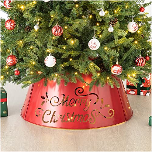14 Best Christmas Tree Stands That Make Decorating a Breeze 15 Glitzhome Metal Merry Christmas Diecut Tree Collar with Light String Tree Stand Cover Christmas Tree Ring for Christmas Decorations 26" D