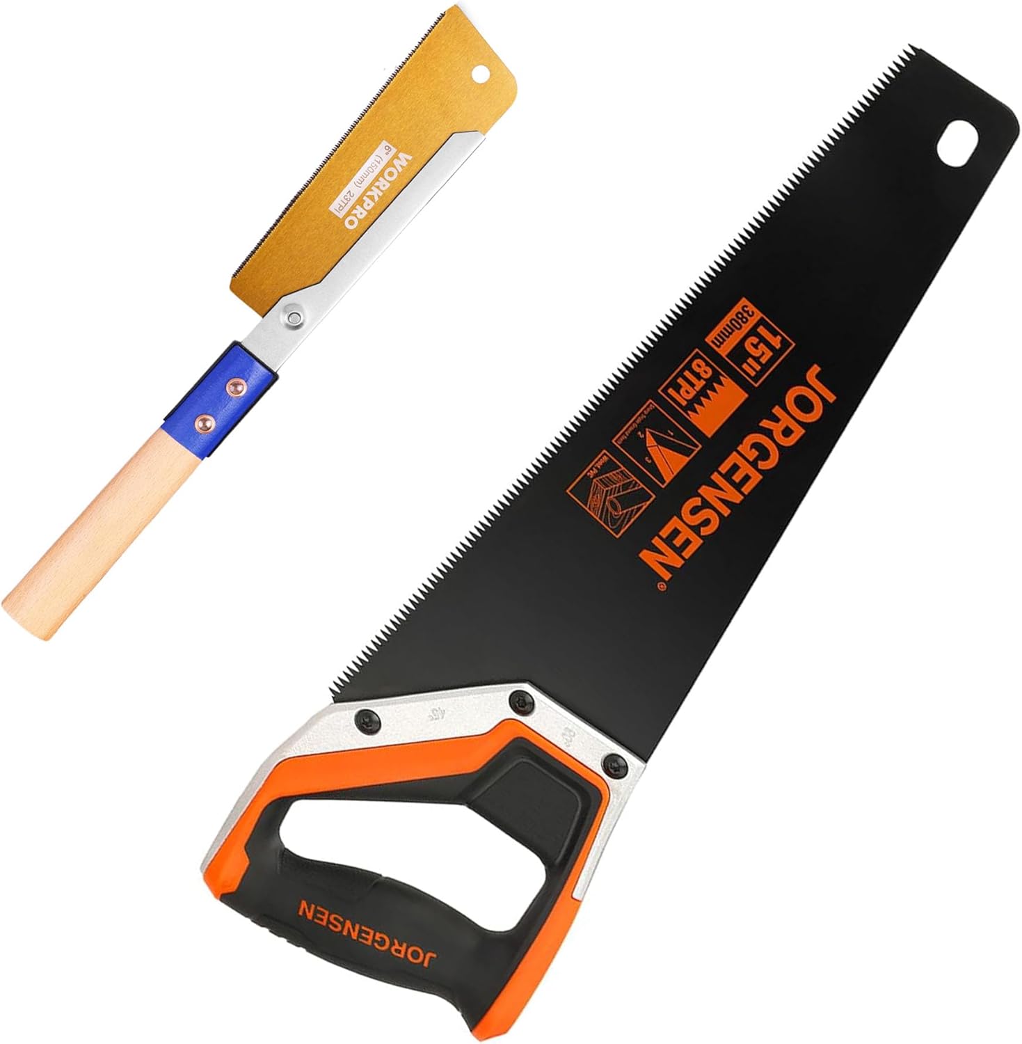 JORGENSEN 15” Hand Saw & WORKPRO 6 Inch Japanese Pull Saw with Backed Blade