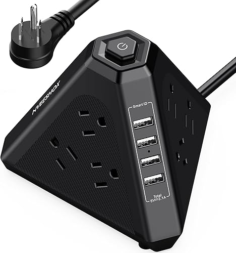 Regleta protectora contra sobretensiones, salida triangular de 3 lados con 9 salidas de CA múltiples 4 puertos USB, cable de extensión de 6.5 pies