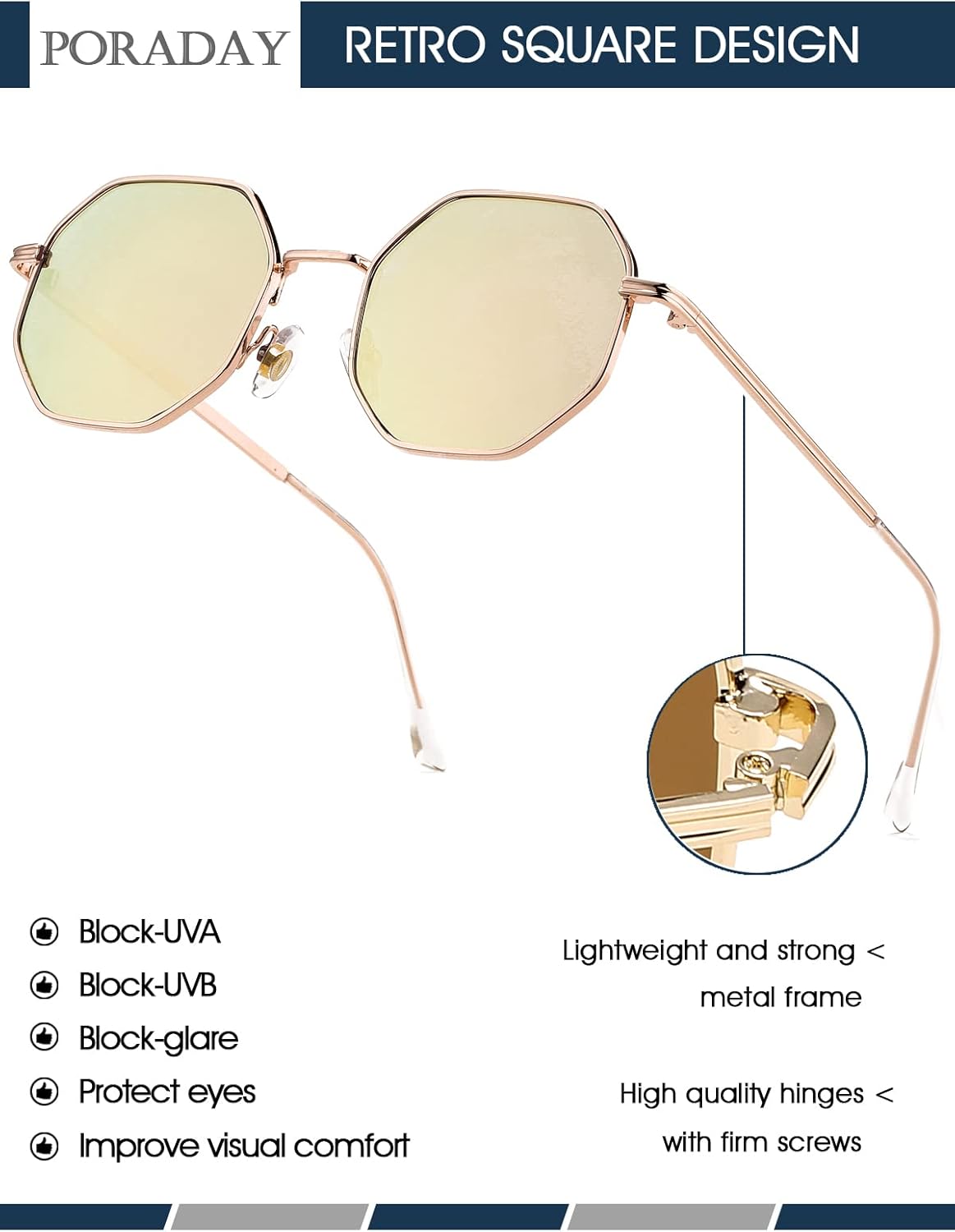 PORADAY Square Sunglasses for Women Men Retro Octagon Metal Sun Glasses Vintage Polygon Shades - Image 2