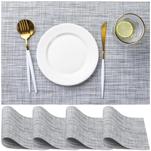Frundoo Tovagliette Americana Lavabili, Set di 4 Tovagliette Colazione in PVC, Antiscivolo, Resistenti al Calore, per Tavolo da Cucina (Bianco argento)