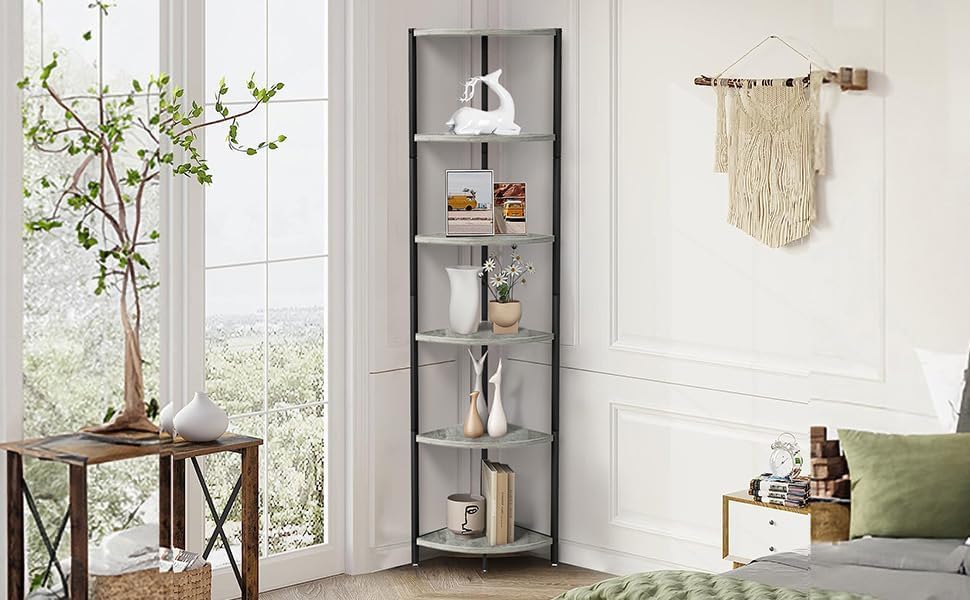 6-Tier-Standing-Corner-Shelf705-Tall-Ladder-Corner-Storage-Shelf-with-Adjustable-FeetRustic-Display-Rack-Multipurpose-Bookshelf-BookcasePlant-Stand-for-Living-Room-Bedroom-Grey 6 Tier Standing Corner Shelf705 Tall Ladder Corner Storage Shelf with Adjustable FeetRustic Display Rack Multipurpose Bookshelf BookcasePlant Stand for Living Room Bedroom Grey