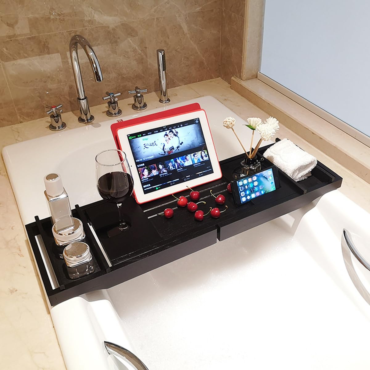 DOCIM Bandeja de Caddy de bañera de bambú, Bandeja de Caddy de bañera de bañera de bambú de Madera con Lados Extensibles construidos,Natural,Single Box