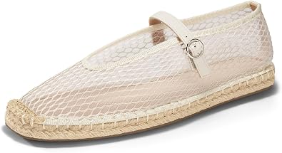 Coutgo Womens Espadrilles Mary Jane Flats Closed Sqaure Toe Mesh Ballet Flats Comfortable Dress Shoes
