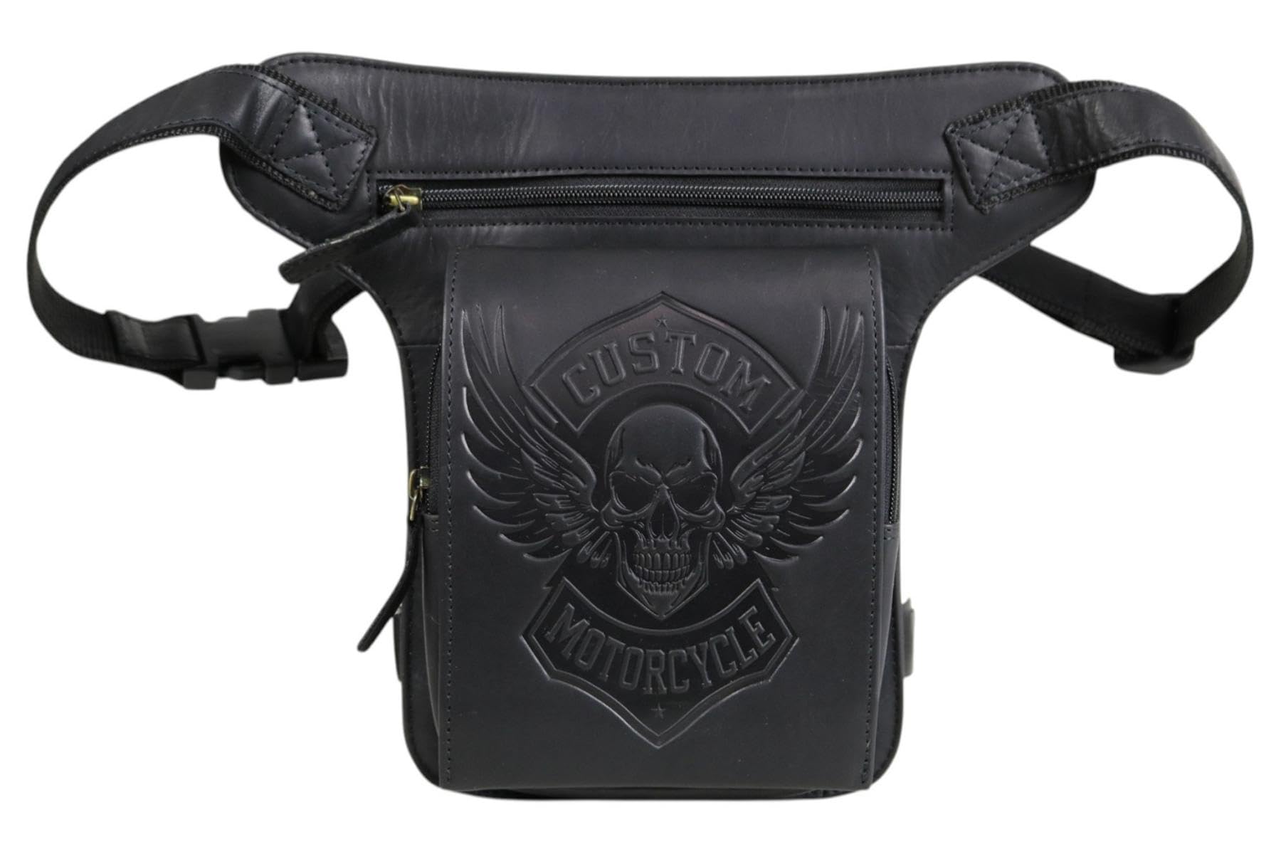 Borsa da gamba moto vera pelle uomo marsupio biker vintage teschio Custom Motorcycle MDM T81 Nero