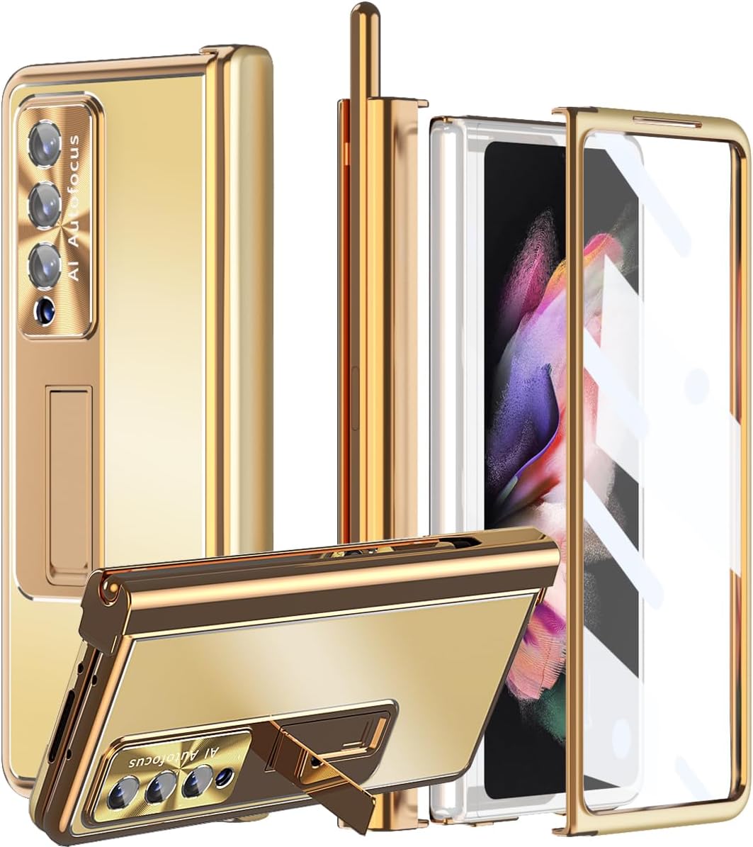 for Samsung Galaxy Z Fold 5 4 3 5G Case Aluminum Alloy Metal, Kickstand with 2 Hinges, with a Pen, Glass Screen Protector, Camera Protect, Men Women Cover Heavy Duty Case (Gold with Gold,Fold 4)