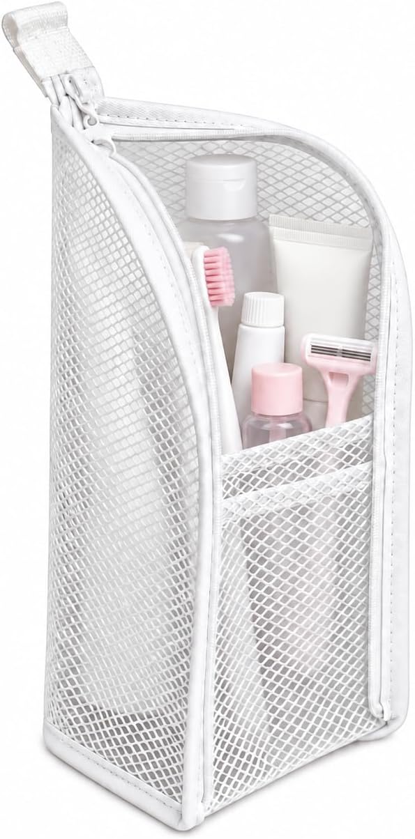 Suerteyay Travel Bag, Standing Toiletry Bag with Upright Design, Lightweight Mesh Cosmetic Organizer with Zipper and Front Pocket for Toiletries, Makeup, Bathroom and Travel,White