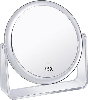 MKUMIR MKT69Z 15X Magnifying Double Sided Makeup Mirror - 1X/15X Portable Desk Standing Mirror for Precise Cosmetics, Transparent