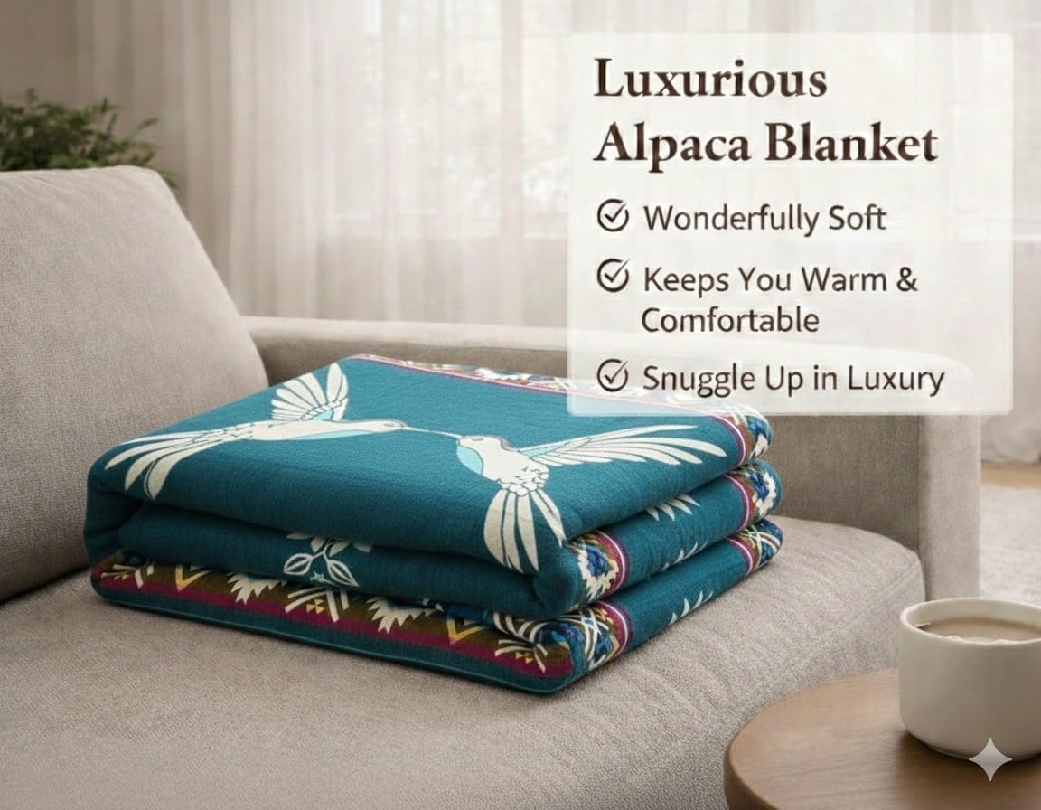 Alpaca Wool Blanket Queen 94x78 in | Ultra Soft, Non-Itchy & Breathable | Premium Alpaca Blanket | Warm, Hypoallergenic Natural Fiber (Turquoise Hummingbird, Queen (U.S. Standard))