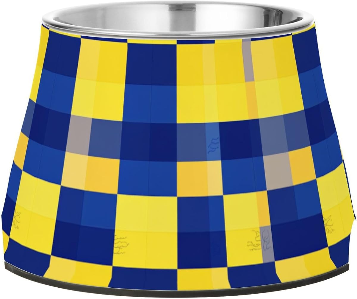 Buffalo Plaid Check Yellow Royal Blue Bowl for Pets Enhanced Stainless Steel Cat Feeding Bowls for Medium Dogs Whisker Relief