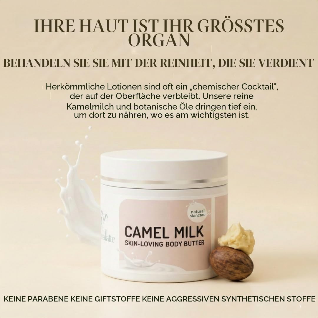 Cammellatte Kamelmilch Körperbutter mit Sheabutter - intensiv pflegende Bodylotion für trockene Haut mit Vitamin C, E - langanhaltende Feuchtigkeit - natürliche Bodylotion Damen, Herren - 100 ml