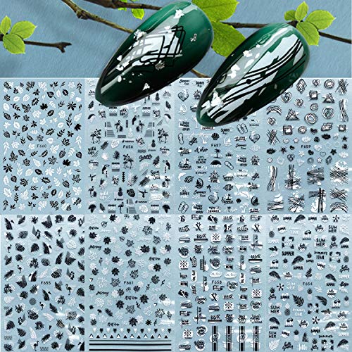 Mairs 8 Sheets Leaves Nail Art Stickers Decal 5D Relief Decals Leaves Lines Beach Fun Nail Kit Black Fashion Charms DIY Designs for Women Girls Kids Nail Art Decoration