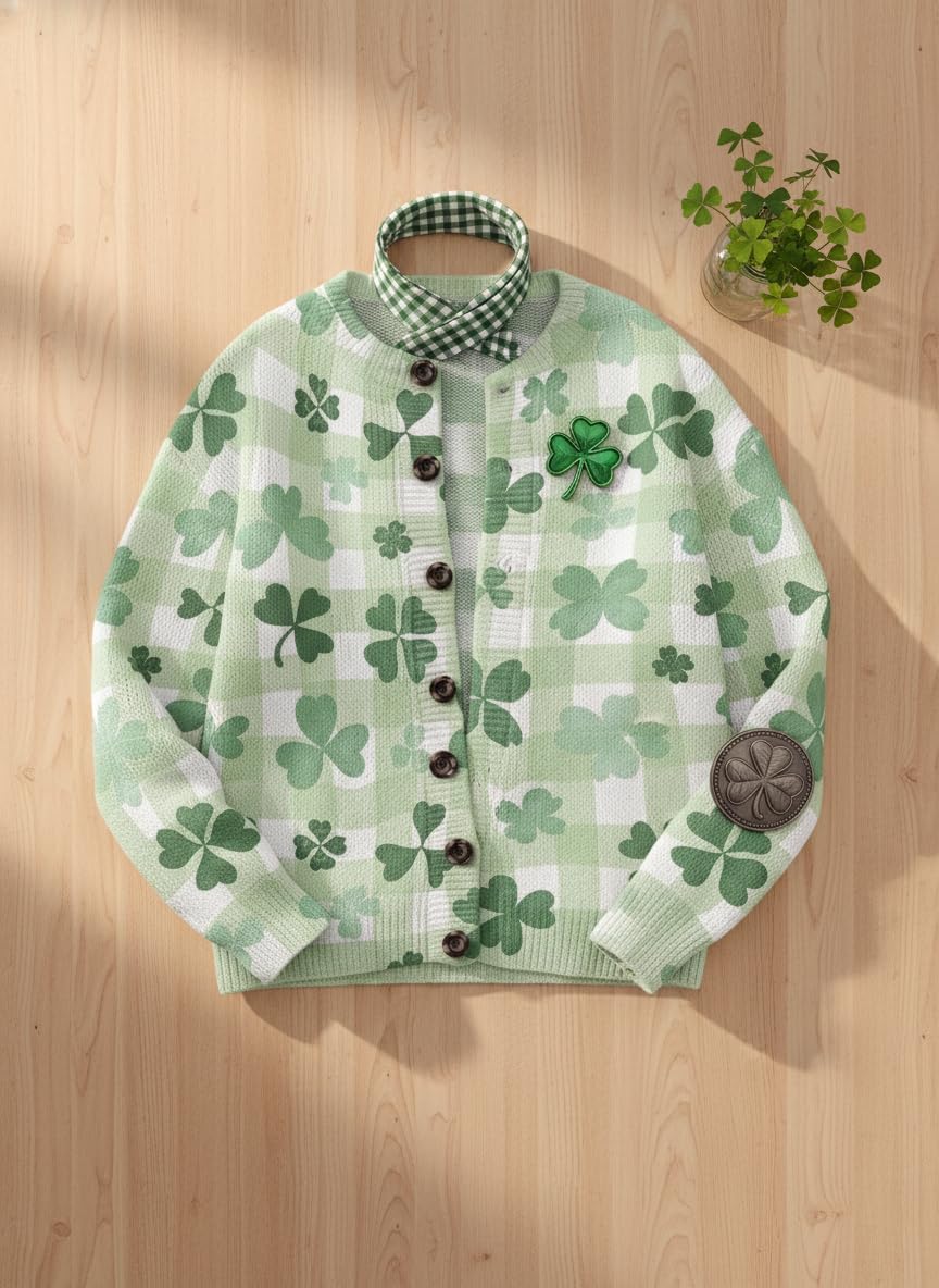TIAFORD Womens St Patricks Day Knit Open Front Cardigan 2026 Lucky Irish Shamrock Pattern Festive Holiday Layered Sweater - Image 4
