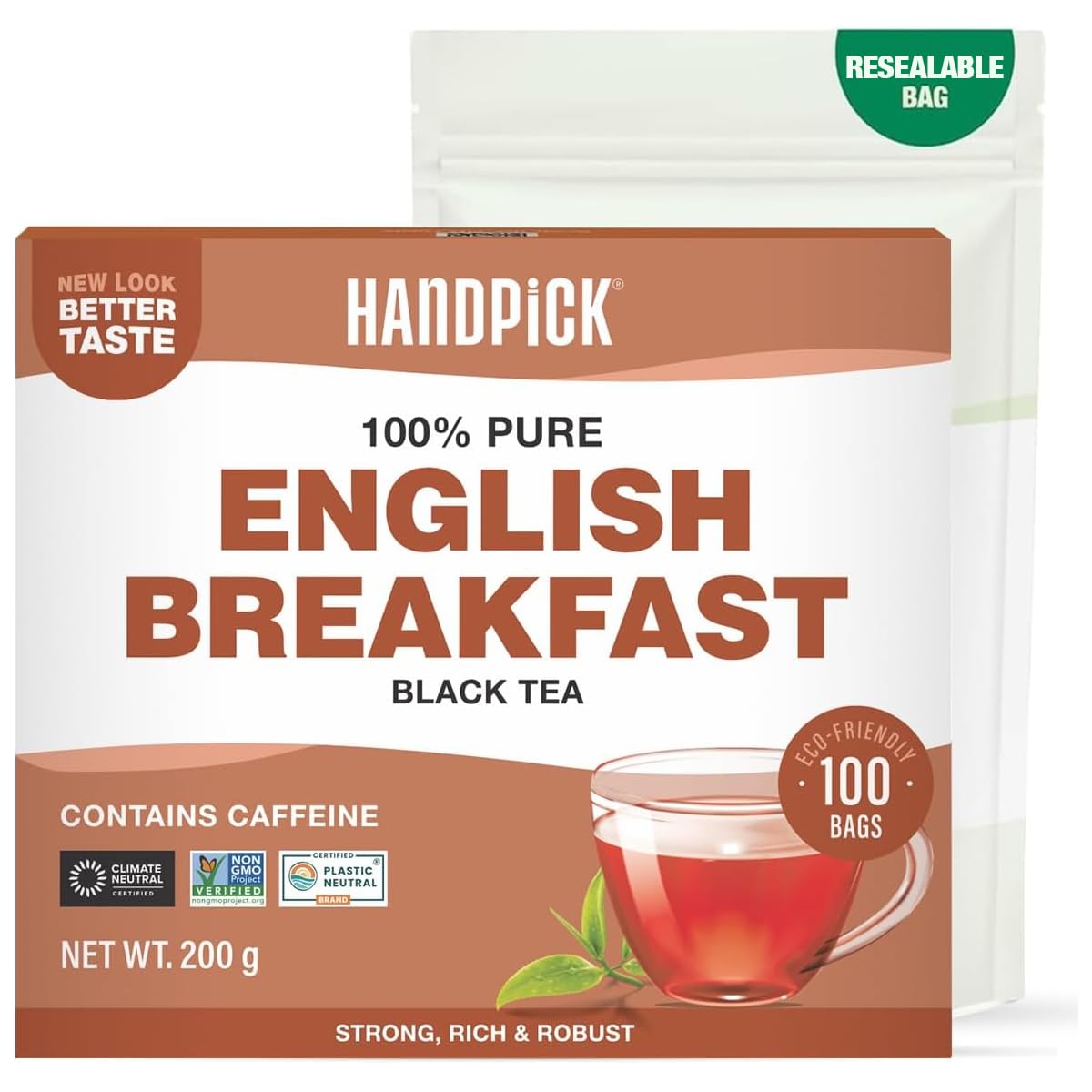 HANDPICK, English Breakfast Black Tea Bags (100 Count) Strong, Robust | Eco-conscious Tea Bags, Brew English Breakfast Tea & Kombucha Tea