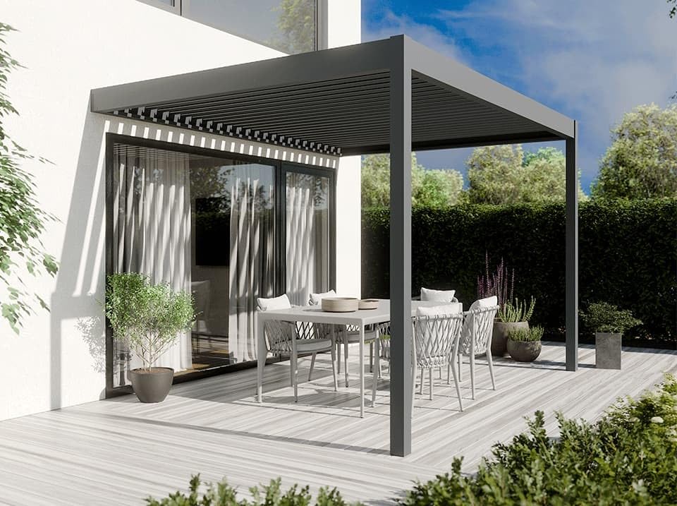 Direct ABRIS Pergola Bioclimatique Aluminium Adossee 12m² - 4x3m - Gris Anthracite - 29 Lames Orientables 90° - Manivelle Fournie