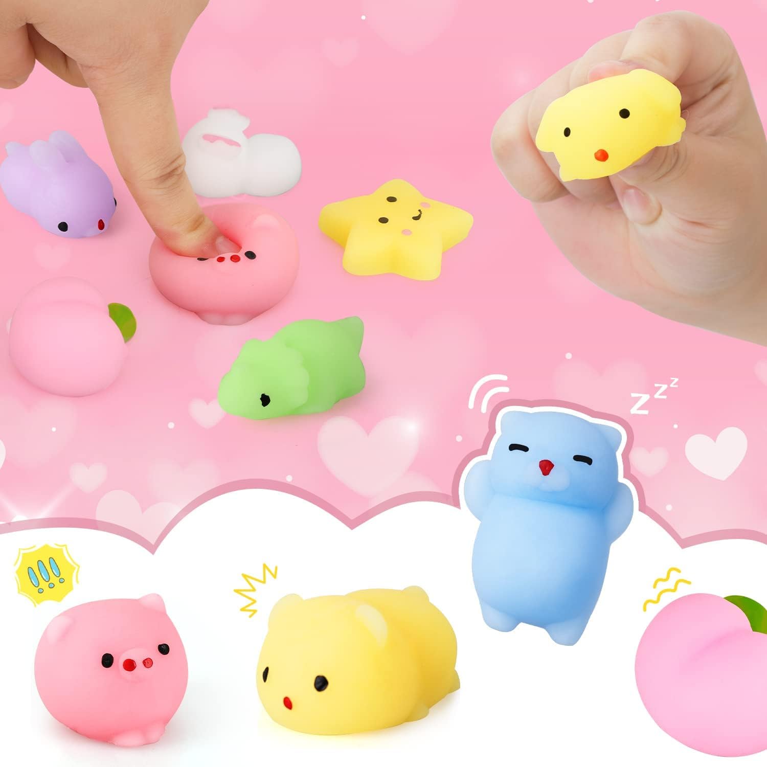 TOY Life Mochi Squishy Toys 28pcs Birthday Gifts for Kids Classroom with Filled Hearts & Birthday Cards Kawaii Squishies Fidget Toys for Party Favor Girls Boys