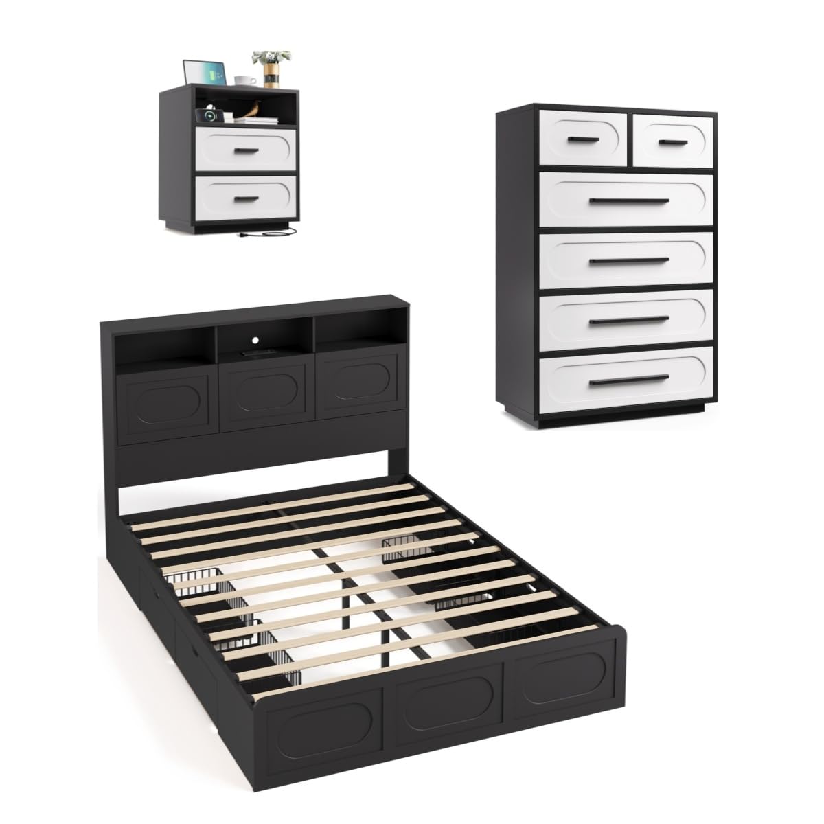 3 Pieces Bedroom Set, Queen Size Bed Frame with Storage Headboard, 44" Tall 6 Drawer Dresser, Nightstand with Charging Station, Black