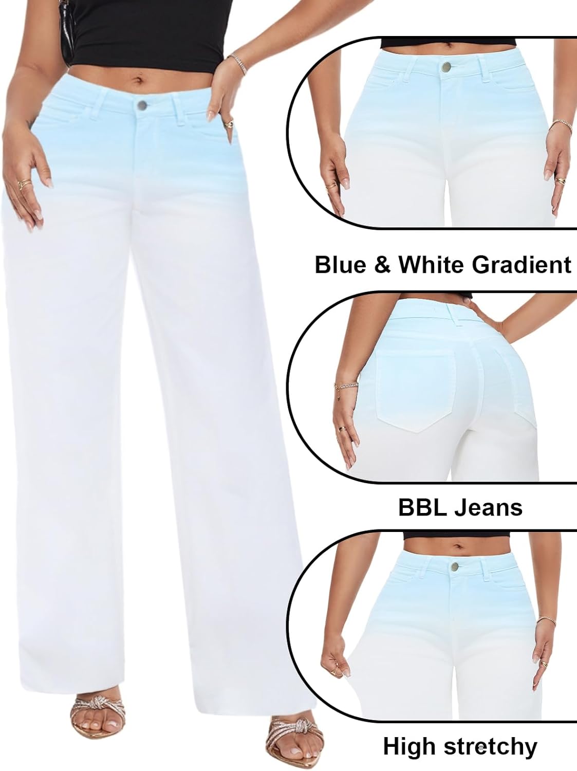 ONESO Mid-Low Rise Baggy Jeans Wide Leg for Women Distressed Pants Stretchy Bottom Lady Basic Comfortable Denim