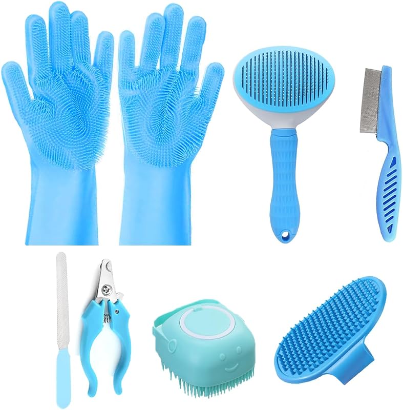 Kit de Higiene e Tosa para Cães e Gatos KEEPLKVOC com Escovas, Luvas e Acessórios, 8 Peças - Azul