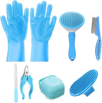 8PCS Dog Bath Supplies Set,Dog Washing Gloves,Shampoo Brush, Bath Supplies Set,Shedding Slicker Brush,Complete Pet Grooming Kit for Dog&Cat and Small Animal Grooming8PCS-Bath-Blue