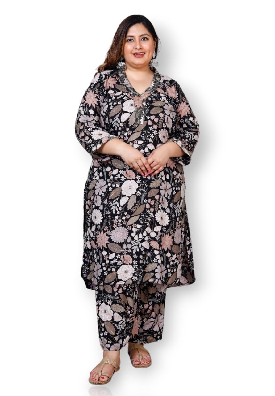 Women's Plus Size Coord Set, V-Neck | Zari Work | High Low Pattern | Elasticated Pants with Pockets, Sizes 4XL to 7XL