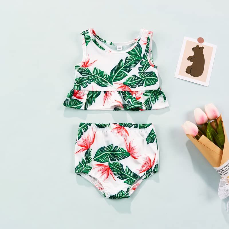 Youweixiong Toddler Baby Girls Summer Swimsuit Graphic Sleeveless Ruffle Tankini Top Bikini Shorts 2 Piece Bathing Suit Beach Swimwear (Green Leaf, 18-24 Months)