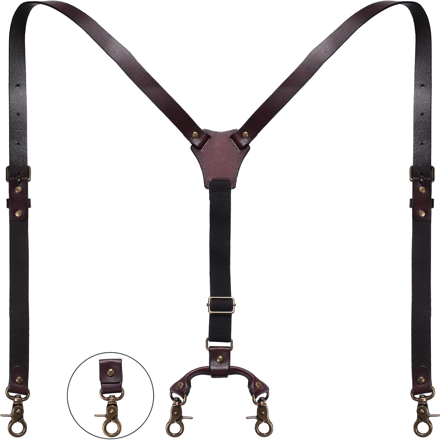 Genuine Leather Suspenders for Men, Heavy Duty Y Back Design Adjustable Suspender with Elastic Straps,Vintage Mens Suspenders Braces, Groomsmen Gift Wedding,2 Types of Back Metal Clips, Brown