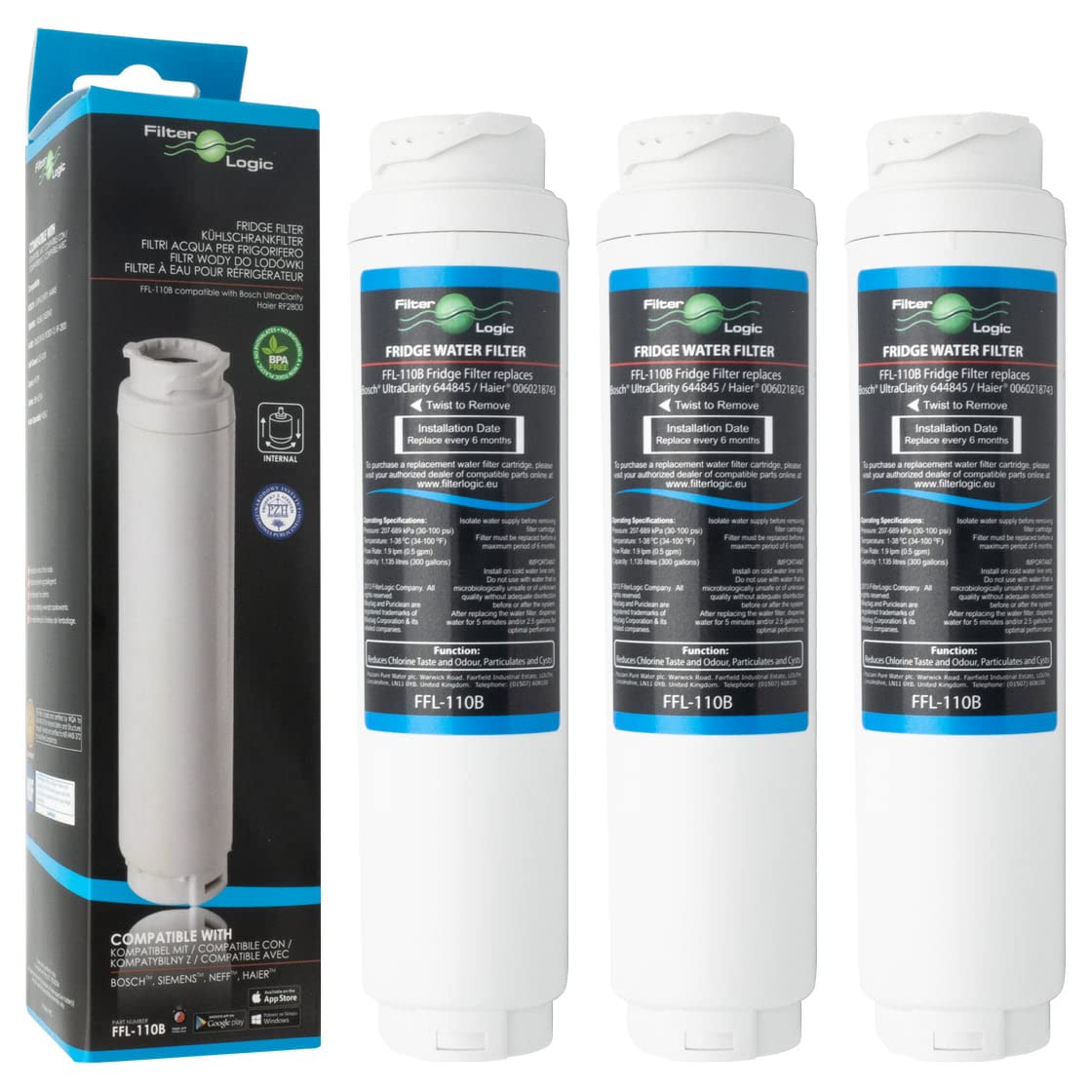 FilterLogic FFL-110B | 3x Filtro de agua compatible con BALAY SIEMENS BOSCH NEFF UltraClarity 11034151 KSZ50UC0 Cartucho filtrante para frigorífico americano Ultra Clarity carbón cativo Water Filter | Para frigorífico Siemens Bosch, Neff, Gaggenau con fil