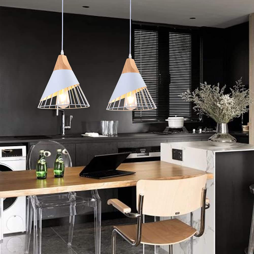 2x E27 Vintage-Pendelleuchte, MDUYU Industrielle Metall-Deckenleuchte mit Holzdesign, weiße Farbe, Retro-Pendelleuchten,Moderne Pendelleuchten für Esszimmer,Café,Restaurant,Küche,Innenleuchten