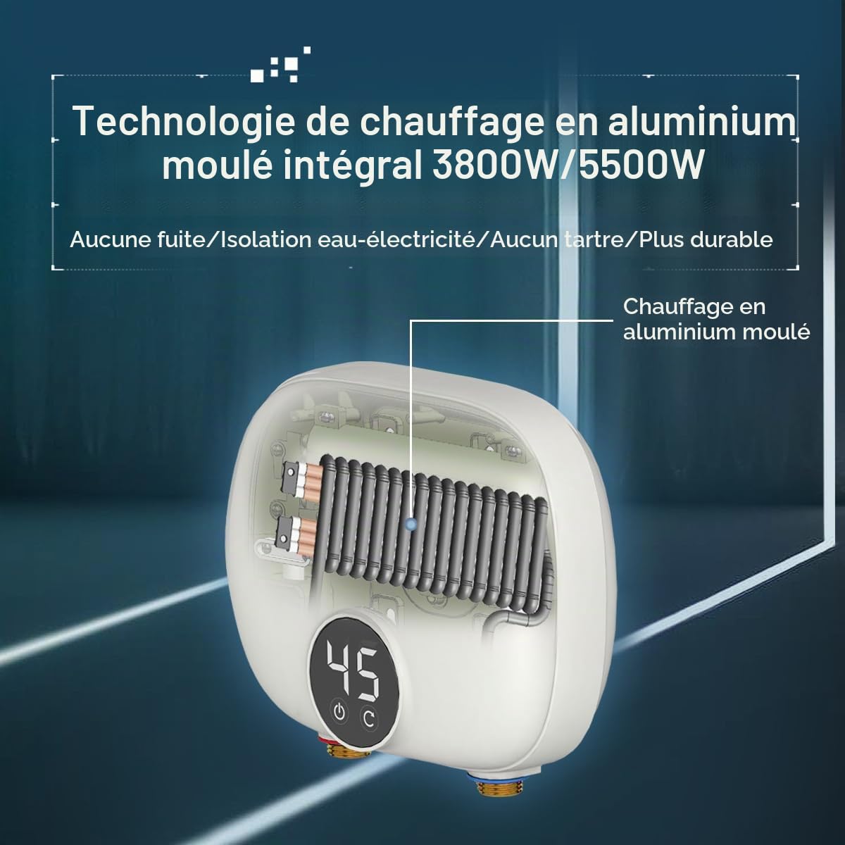 Chauffe-eau électrique instantané 5,5 kW 220 V, affichage numérique pour cuisine, salle de bain, comptoir, intérieur