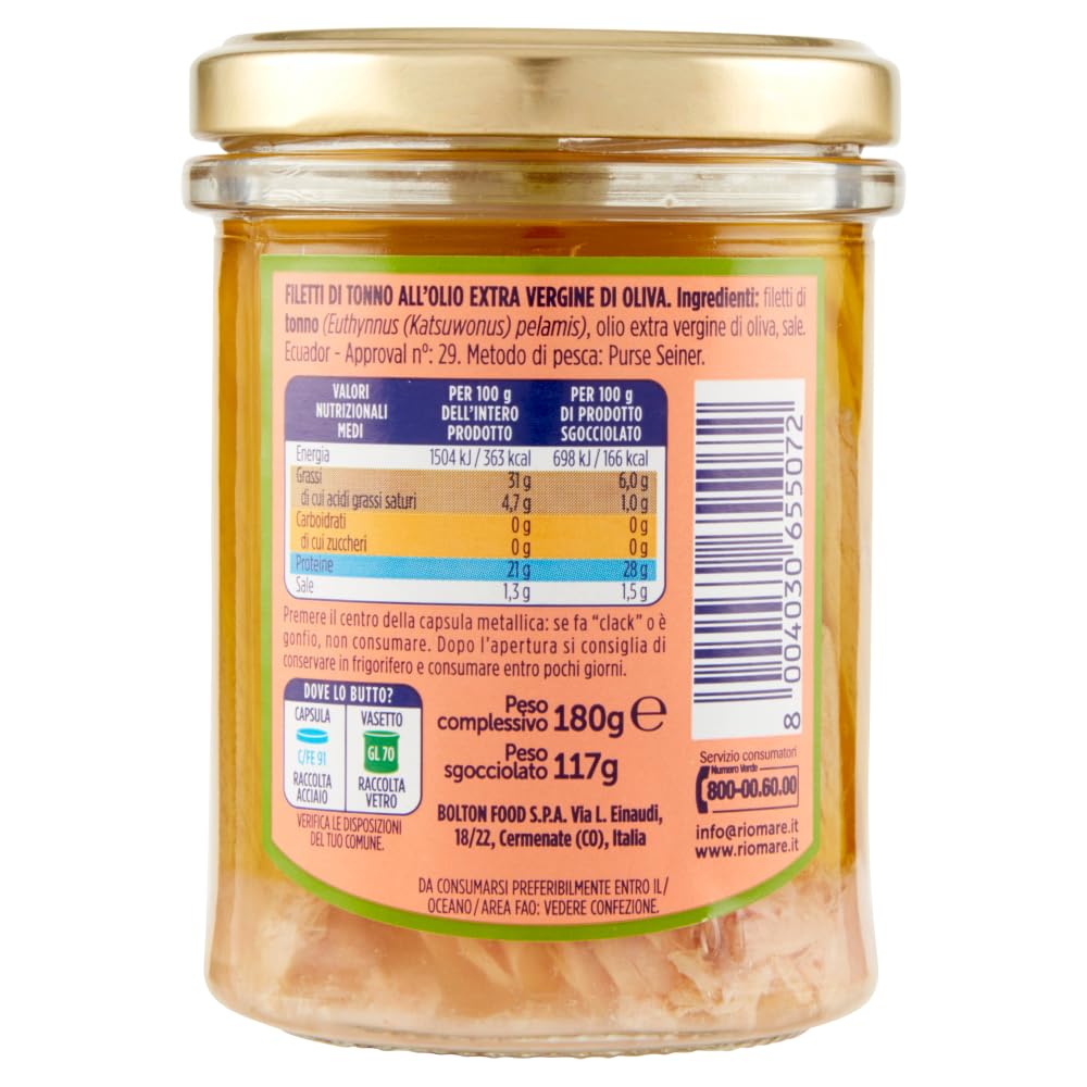 Italian Gourmet bundle für Rio Mare Thunfischfilets im Glas 12x180g in nativem Olivenöl, handgearbeitet, Premium-Antipasti & Salate, proteine reich + Italian Gourmet polpa