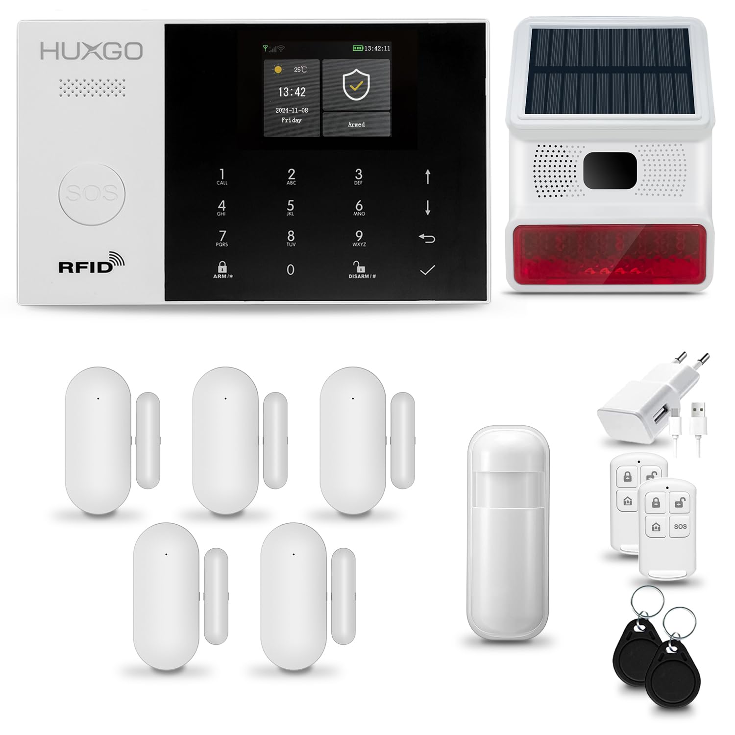 HXA005 Funk Alarmanlage Set WiFi + GSM 4G mit Solar-Alarmsirene | Alarm System mit Bewegungsmelder, 5X Fensteralarm/Türsensoren | Alarmanlage fürs Haus, Wohnung, Wohnmobil | Smart Home