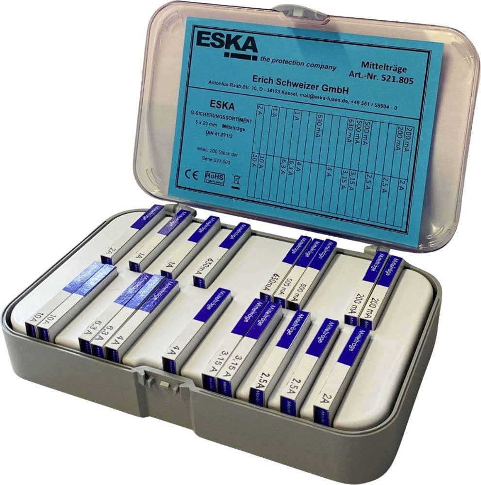ESKA Sicherungs-Sortiment 200 Stück, Artikelnummer 521.805, M 5 x 20 mm, 200 mA–10 A, mittelzeitverzögert