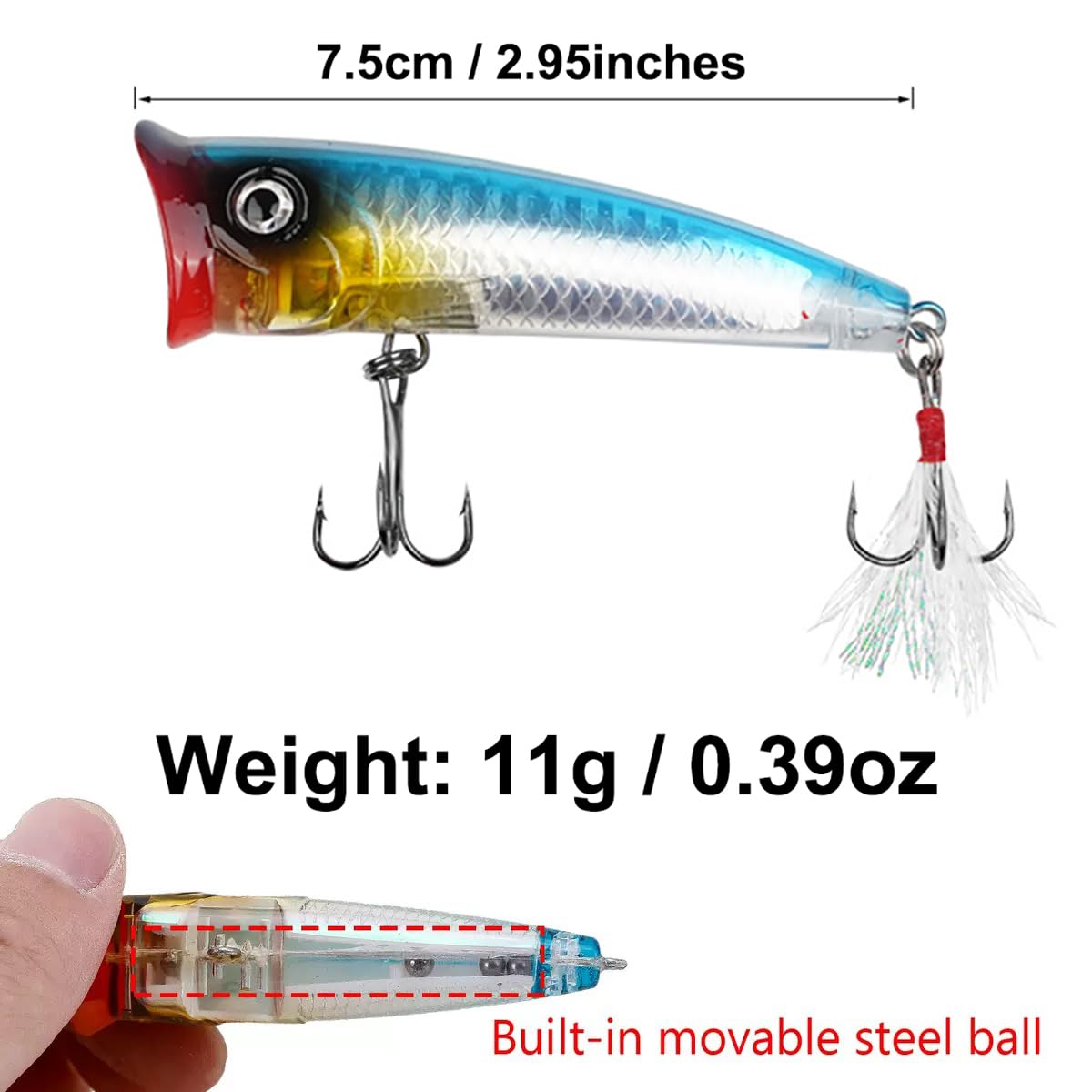 Popper - Señuelos de pesca para agua superior, cebos duros con ojos 3D, cebo de natación con gancho agudos para lubina, trucha, agua dulce, agua salada
