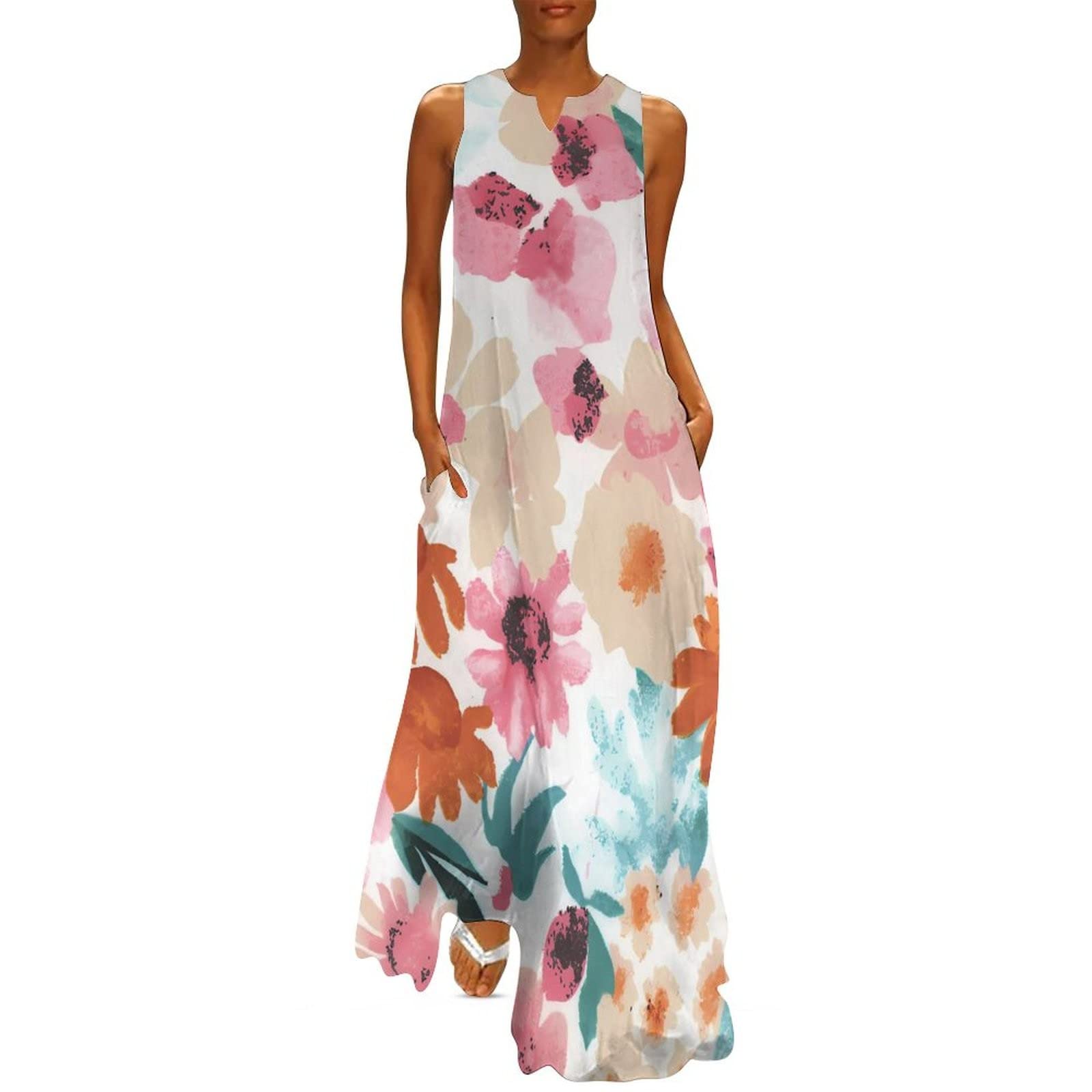 QWUVEDS Vestidos de invitado de boda cómodo vestido maxi para mujer, de verano, adecuado para mujer, suelto, elegante, vestido largo, sin mangas, playa dividida, vestido de flores, vestido negro
