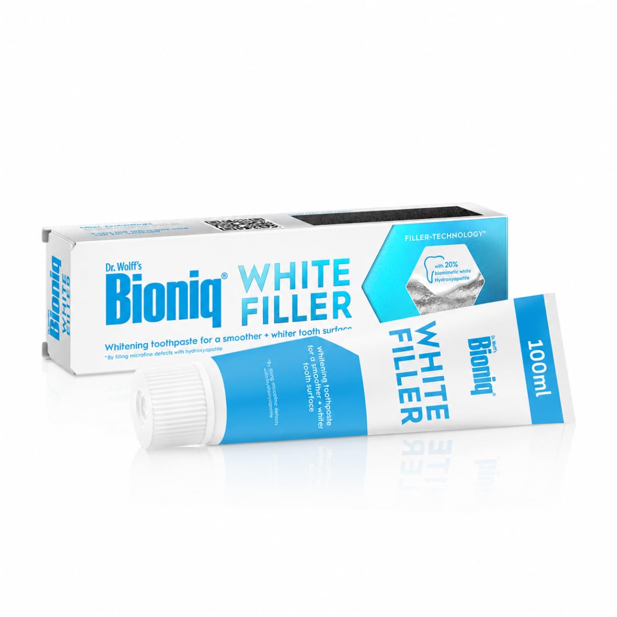 Pasta dental Bioniq® White Filler - 1x100 ml, blanqueadora suave con hidroxiapatita, protege el esmalte dental, elimina manchas, sin flúor
