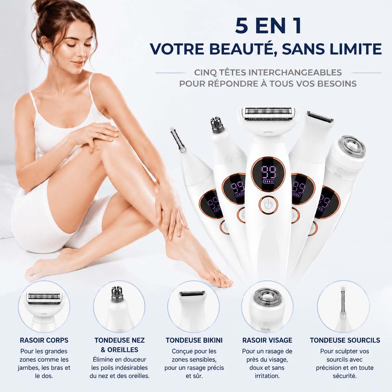 Elios Rasoir Femme 5 en 1, Épilateur Électrique avec Affichage LED, Chargement USB, Étanche Bikini Aisselles Jambes Bleu