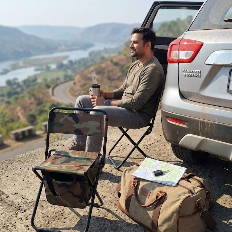 Image of Evona Folding Camping Chair with Cooler Bag & Backrest | Portable Outdoor Chair for Picnic, Travel, Beach & Fishing | Heavy Duty Iron Frame | Foldable Lightweight Chair with Storage & Pocket