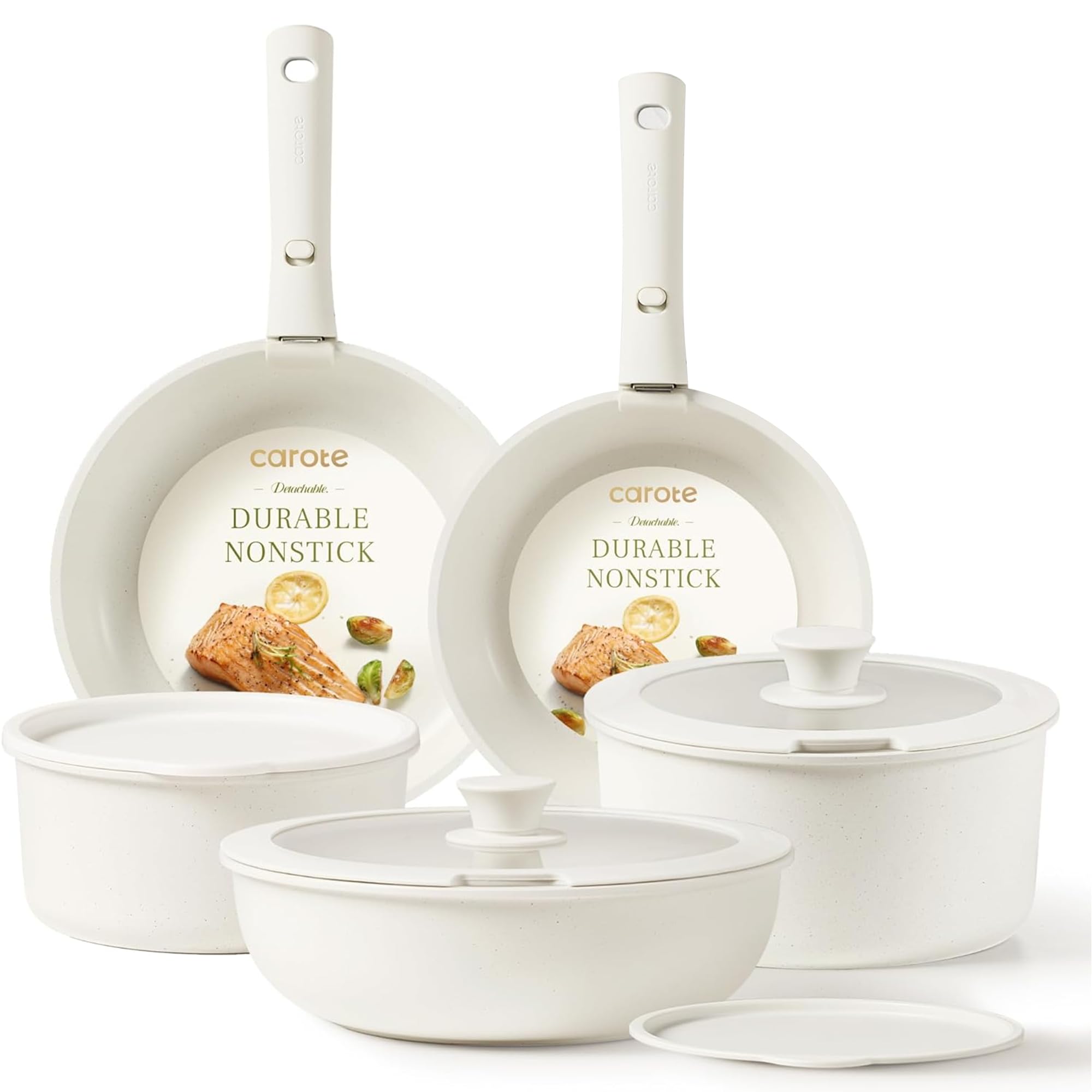 CAROTE 15pcs Cream White Non Stick Pots and Pans Set, Cookware Set with Detachable Handle, Oven/Dishwasher/Fridge Safe, Space Saving, Nonstick, Induction Ready, RV Set