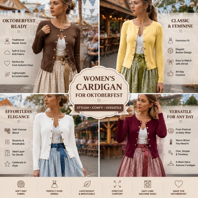 Gilet Cardigan en Maille Cintrée pour Femme Manches Longues Douces Fermeture Boutonnée Léger Col Rond Pull Chaud et Décontracté Idéal pour L'Oktoberfest Le Bureau Le Quotidien Le Printemps et