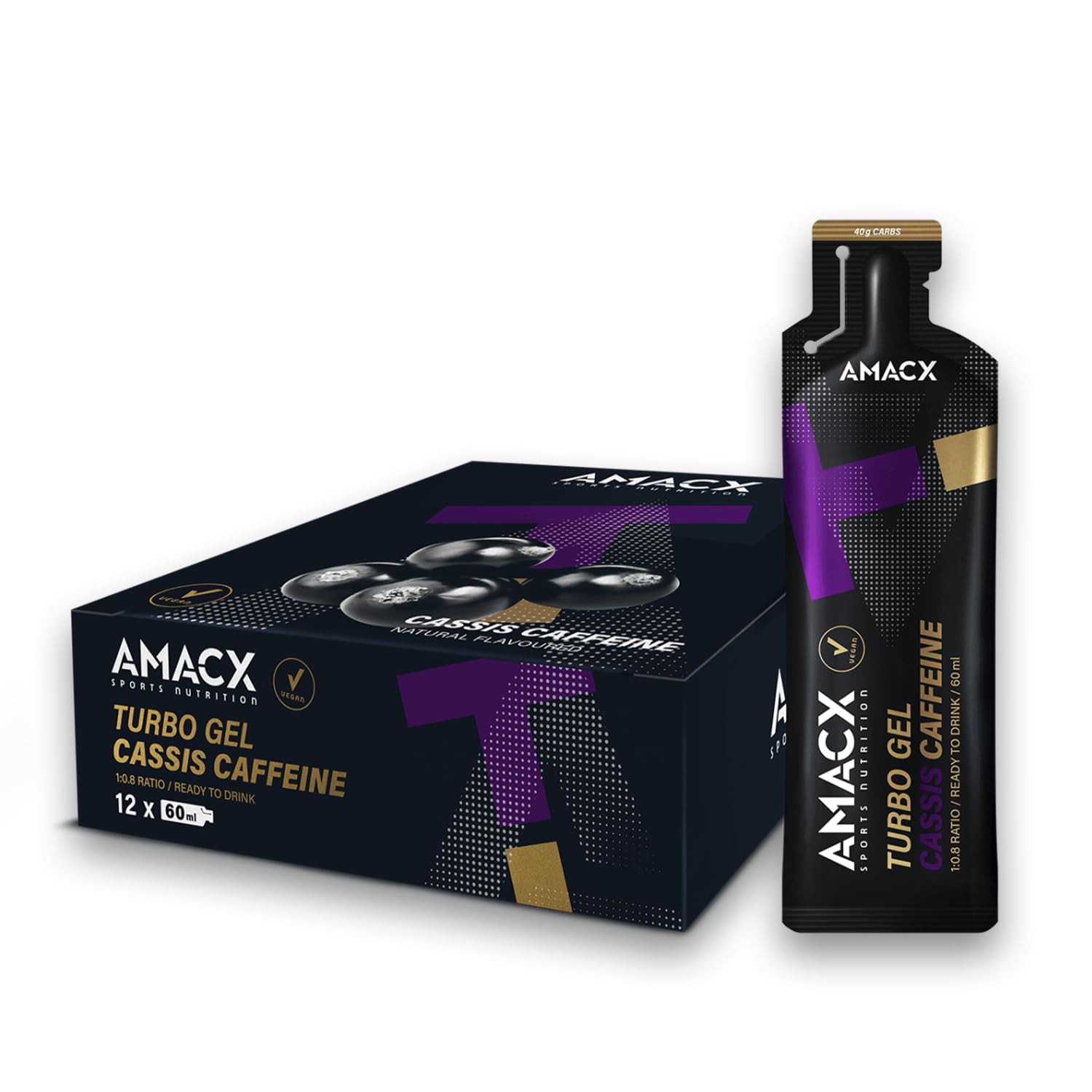 AMACX Turbo Energy Gel per Atleti di Resistenza con Caffeina e 40g di Carboidrati – Confezione da 12 – Gel Energetico Ciclismo y Running – Carbogel con Sali Minerali Integratori – Cassis/Caffeina