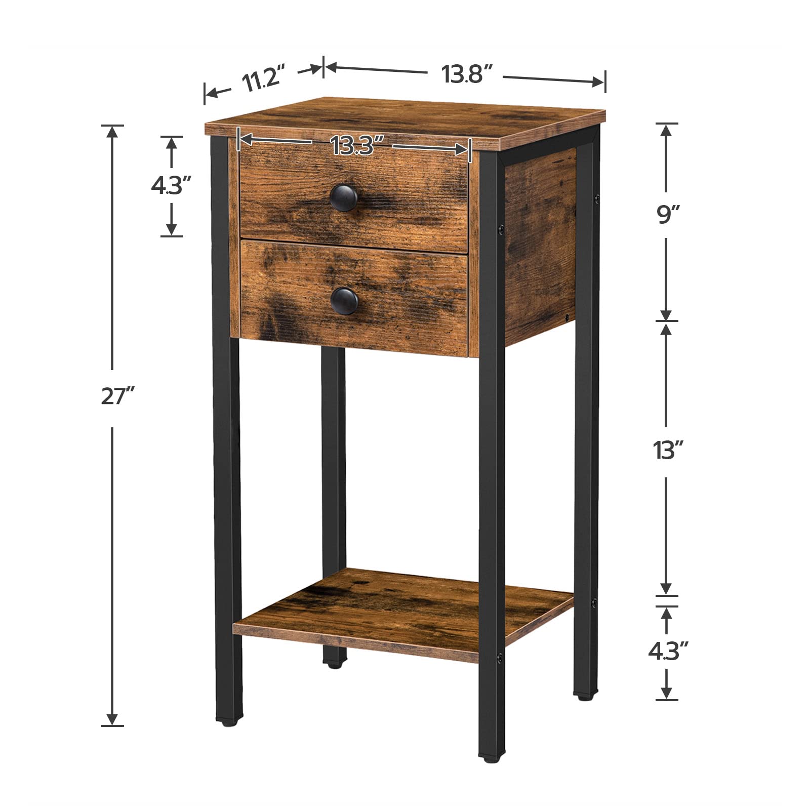 HOOBRO Tall Nightstand, Bedside Table with 2 Drawers and Storage Shelf, Industrial Telephone End Table for Study, Bedroom, Side Table Space Saving, Easy Assembly, Rustic Brown and Black BF72BZ01