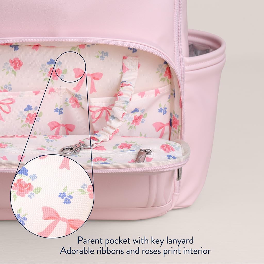 Itzy Ritzy Diaper Bag Backpack – Large Capacity Boss Plus Baby Backpack Diaper Bag Featuring 19 Pockets, Changing Pad, Stroller Clips, and Comfortable Straps (Pink Ribbons & Roses) Large Ribbons & Bows