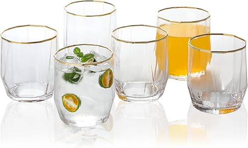 Gold Rim - Juego de 6 vasos para beber con borde dorado 140 onzas cristalinas lindas copas para mojito cóctel agua cerveza coque refrescos y bebidas