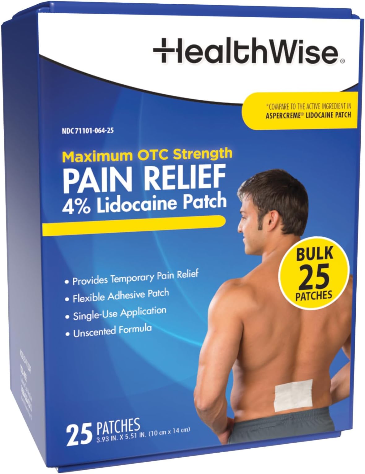 HealthWise 4% Lidocaine Pain Relief Patch | Maximum OTC Strength | 25-Count | 3.93โ x 5.51โ | Soothes Minor Aches and Pains | Odor Free | Topical Anesthetic | Easy to Apply Flexible Adhesive