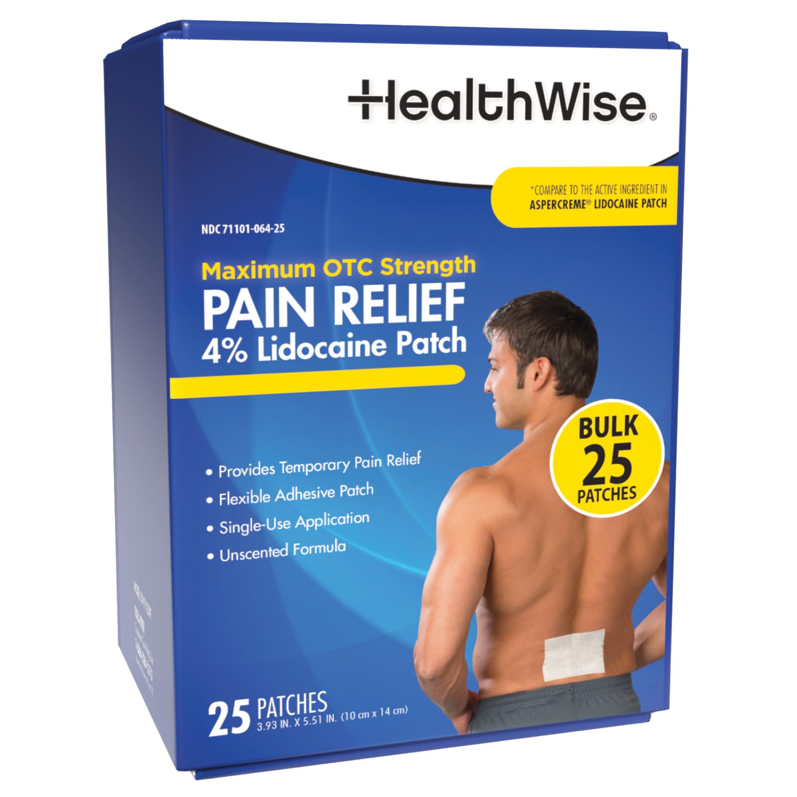 HealthWise 4% Lidocaine Pain Relief Patch | Maximum OTC Strength | 25-Count | 3.93” x 5.51” | Soothes Minor Aches and Pains | Odor Free | Topical Anesthetic | Easy to Apply Flexible Adhesive