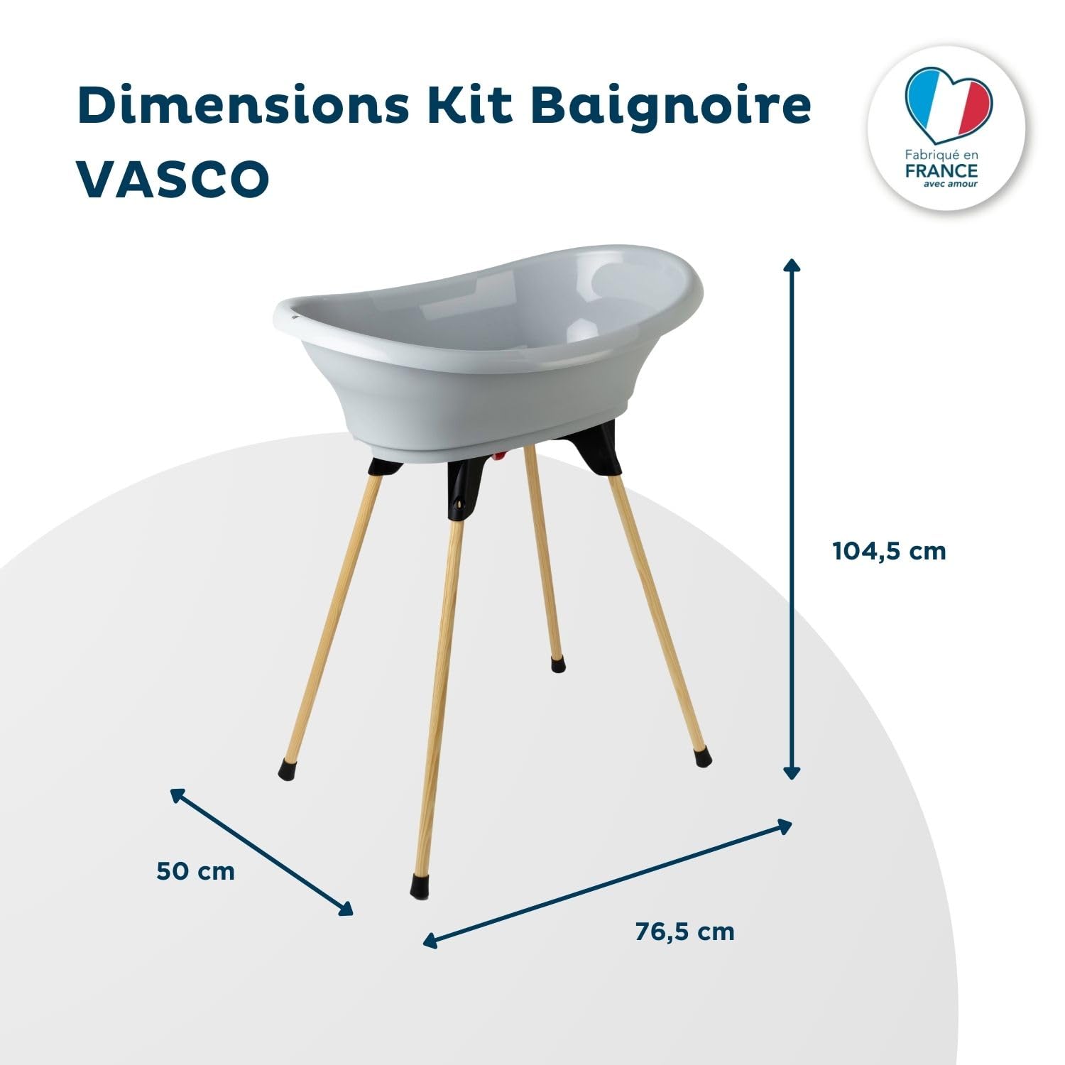 THERMOBABY-Kit Vasca da bagno per neonati-Vasco-Vasca da bagno, piede in legno e tubo di scarico-Innovazione brevettata-Pieghevole e stabile-Può ospitare lettino da bagno-Made in France-Grigio Charme