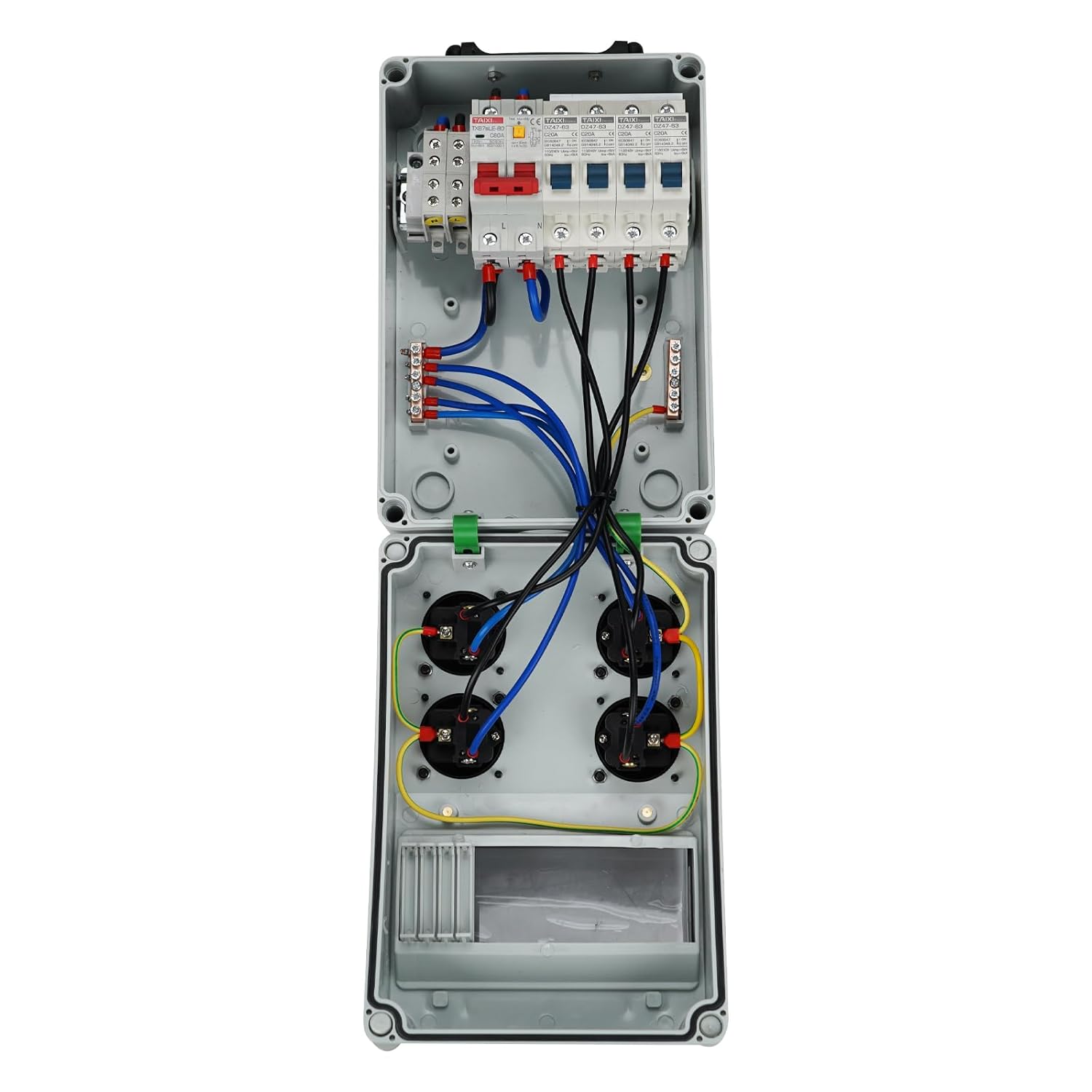 Power Distribution Box, 110V High Current Wall Mount Electrical Box with NEMA 5-20 Power Outlet Pane,IP54 Electrical Breaker Socket Distribution Box for Construction Sites, workshops and Factories