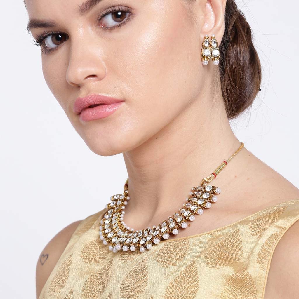 Sparkling Kundan Collar Necklace Set with Matching Drop Earrings
